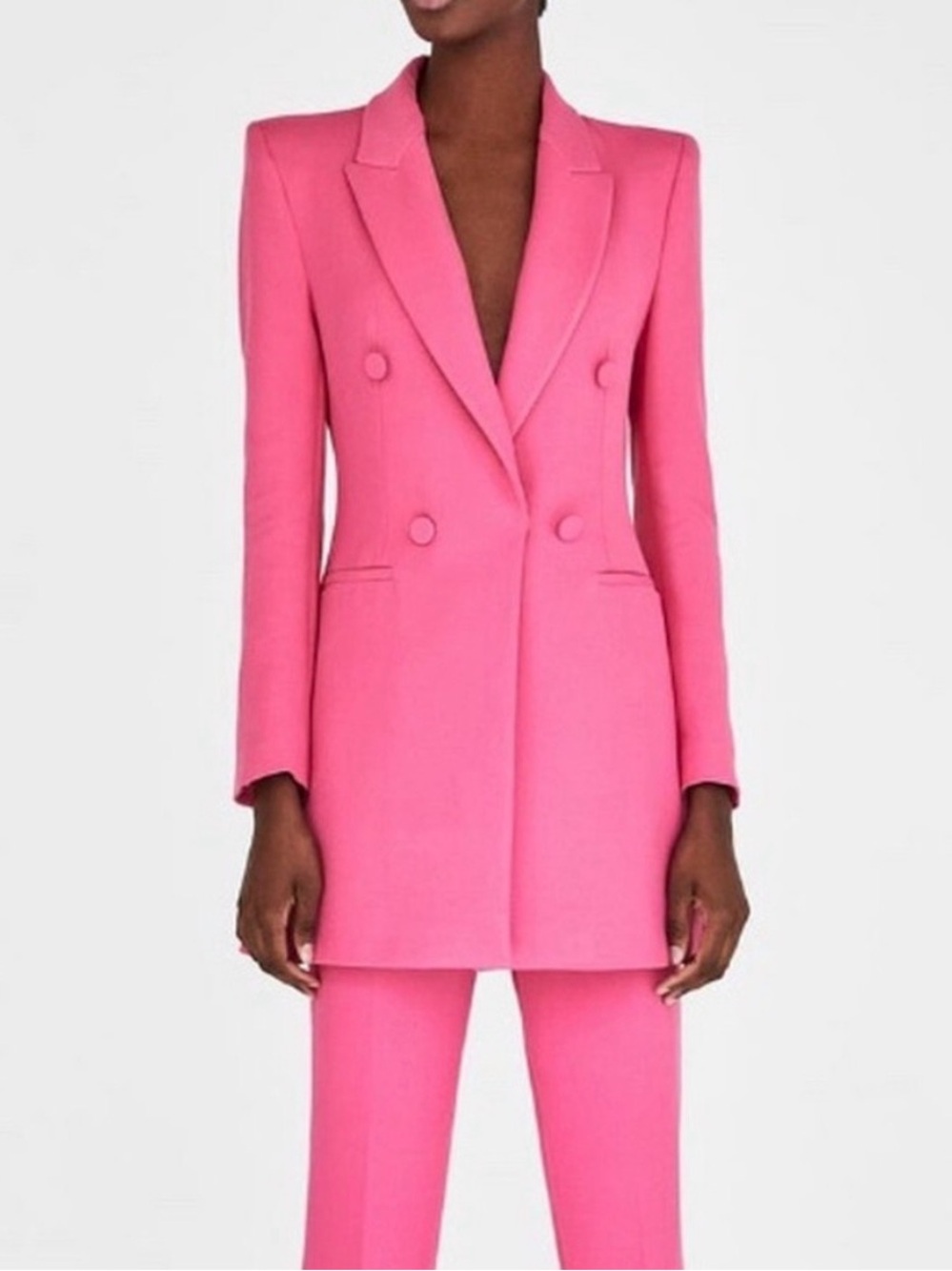 Tailored Zara long blazer and pant suit in bright hot pink.